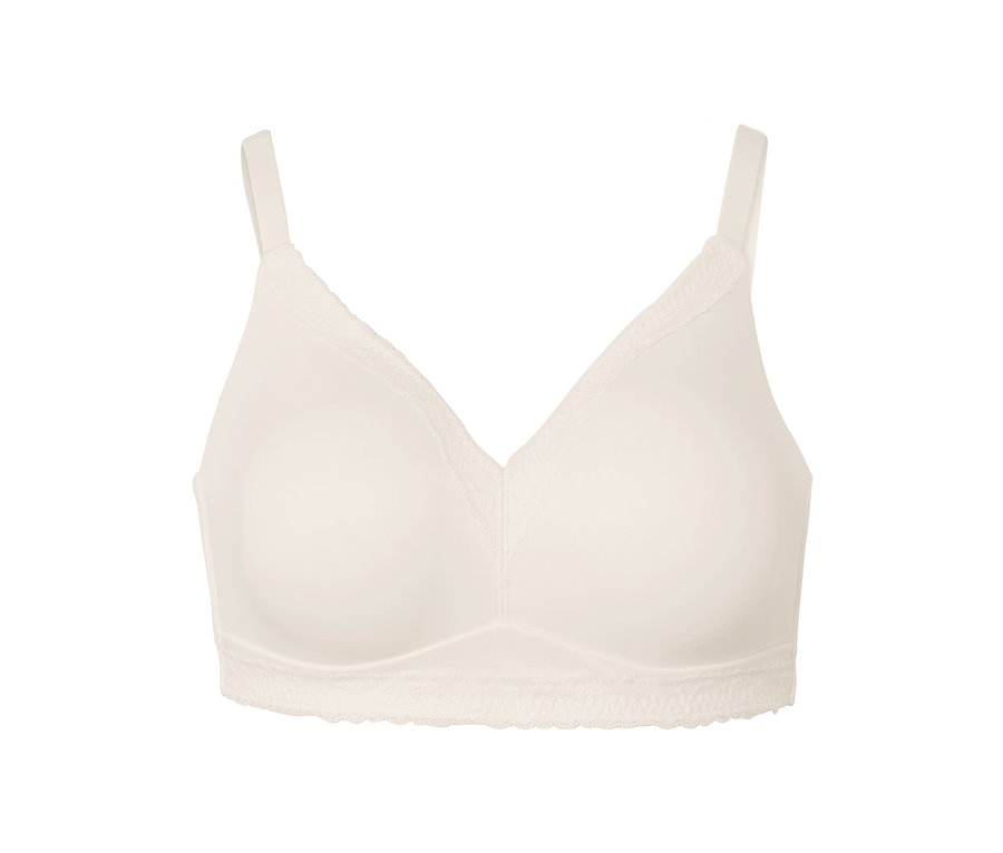 Un soutien-gorge souple beige avec des détails en dentelle.