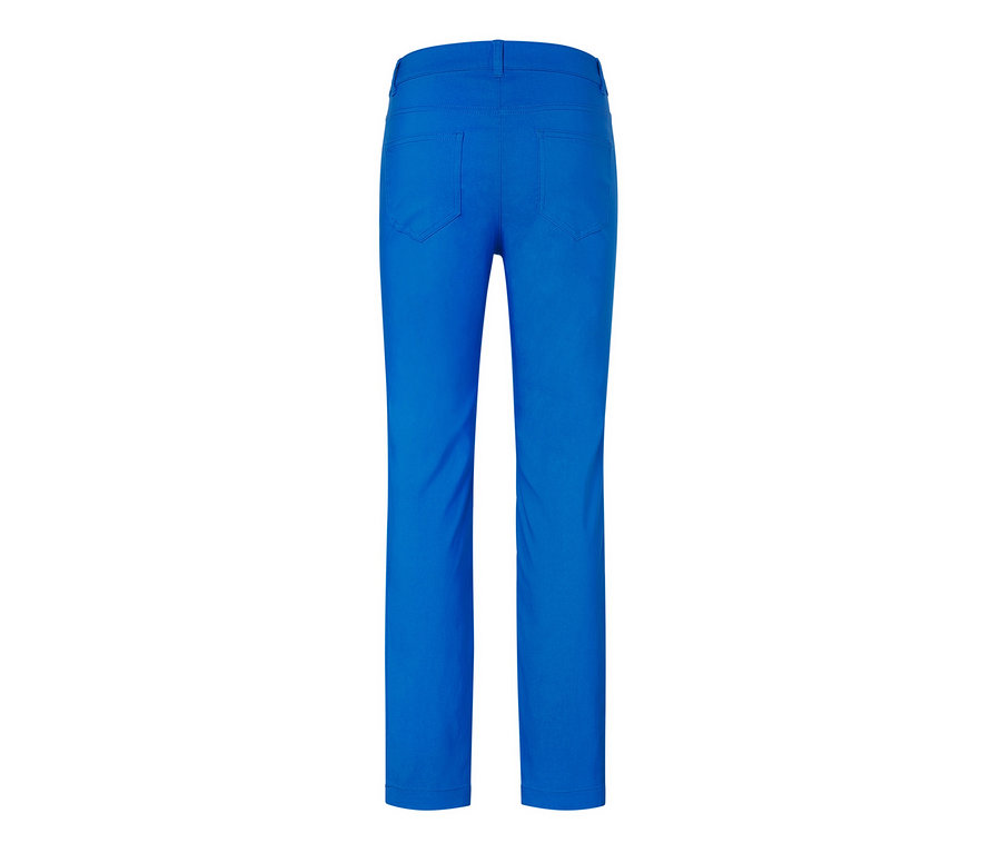 Vue détaillée de l'arrière d'un pantalon en bengaline bleu cobalt.