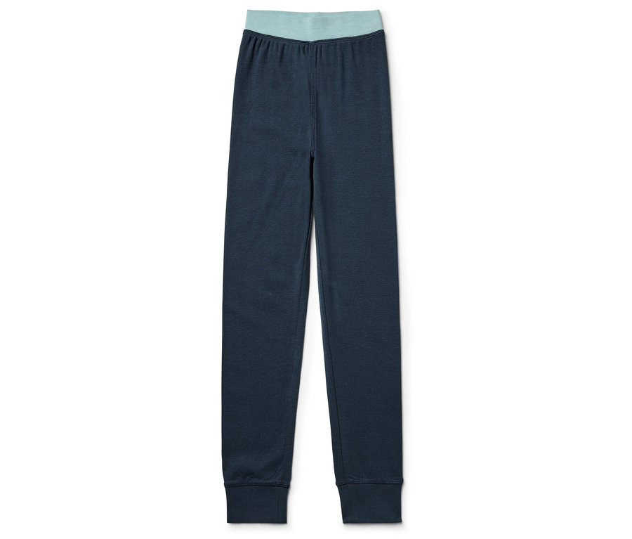 Leggings bleu foncé avec taille turquoise sur fond blanc.