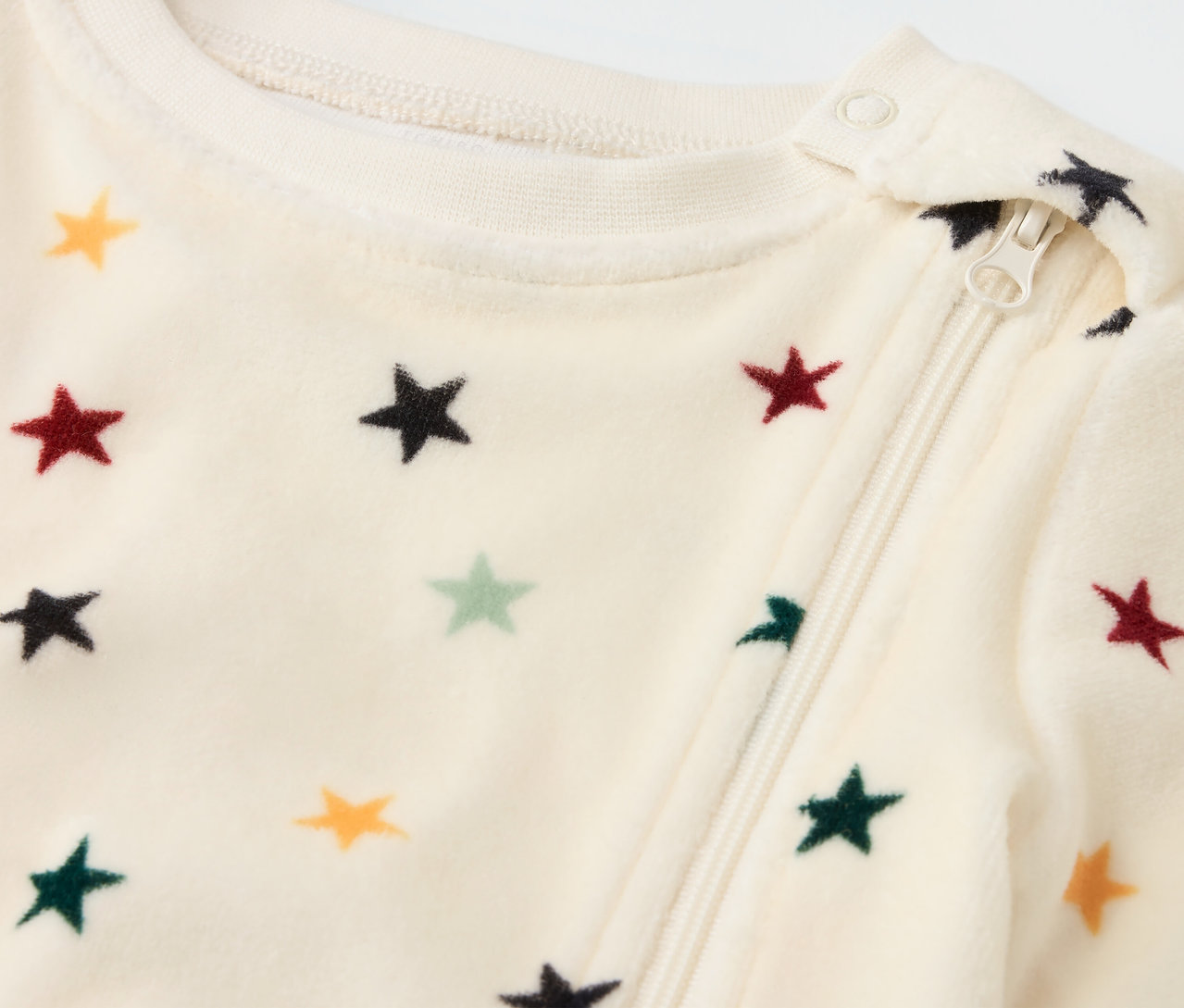 Gros plan sur un pyjama en nicki pour bébé avec fermeture éclair et étoiles.