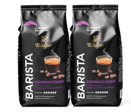 Deux paquets de café en grains BARISTA Expresso Dark – 2x 1 kg.