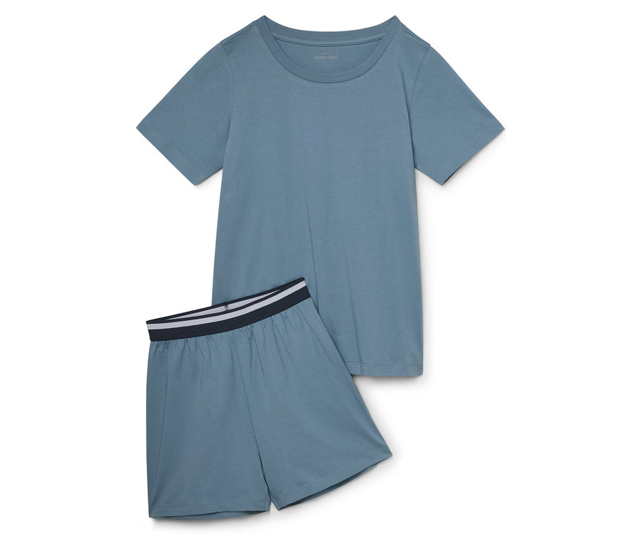 T-shirt bleu à manches courtes et short bleu à rayures à la taille.