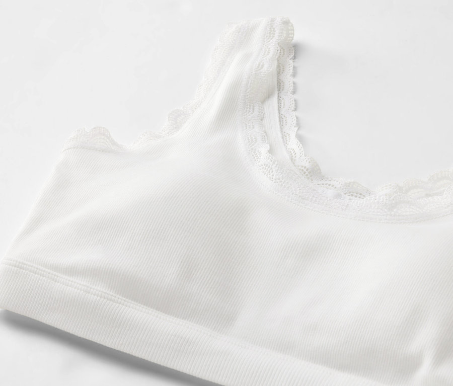 Vue détaillée d'une brassière côtelée blanche avec bordure en dentelle.
