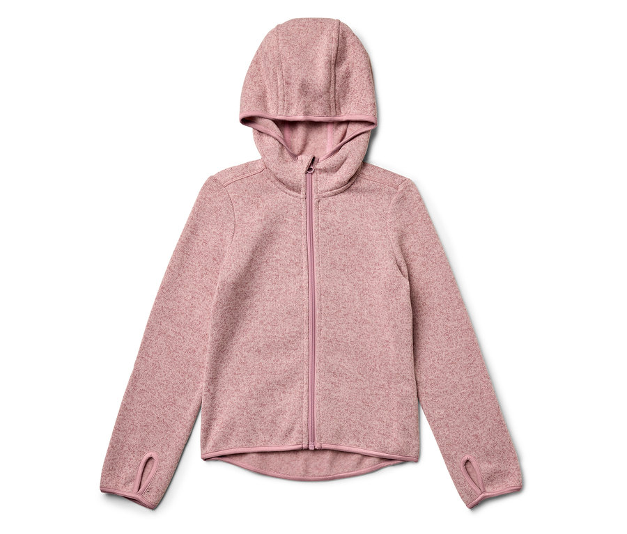 Veste en polaire rose avec capuche et fermeture éclair.