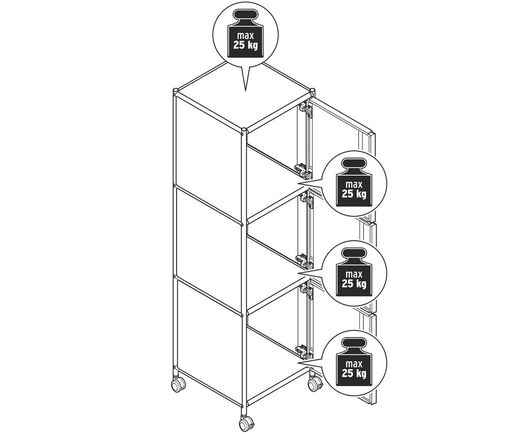 Schéma d'un caisson en métal à roulettes « CN3 » avec 3 portes, dont une est ouverte.