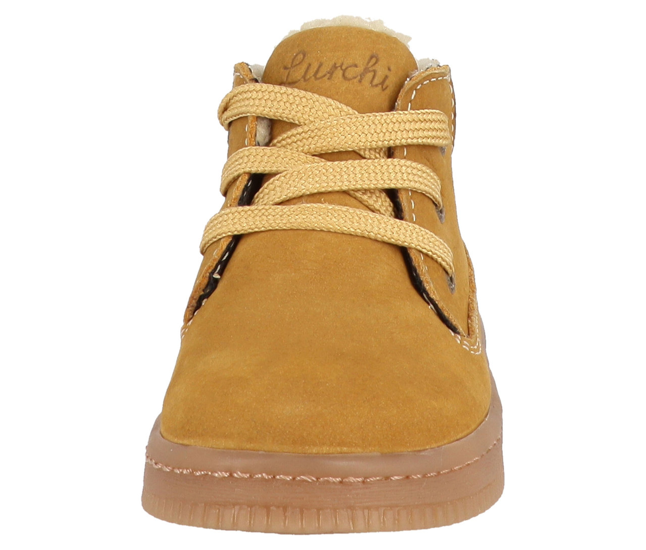 Chaussure jaune LURCHI »Fleximo Barefoot-TEX« avec semelle marron et lacets.