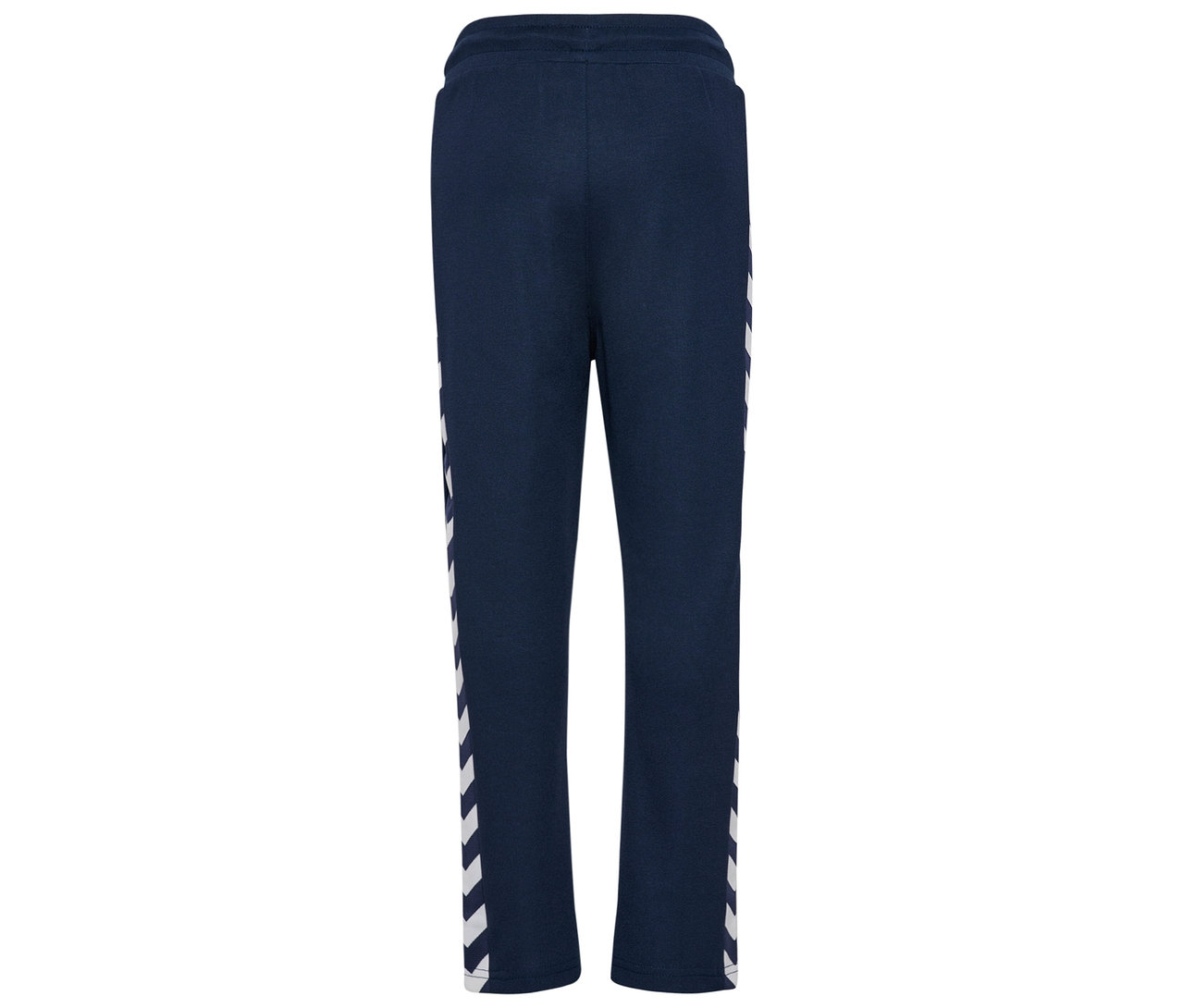 Pantalon de survêtement bleu marine HUMMEL HMLJR Archive Regular Poly Pants vu de dos avec des chevrons blancs sur l'extérieur des jambes.