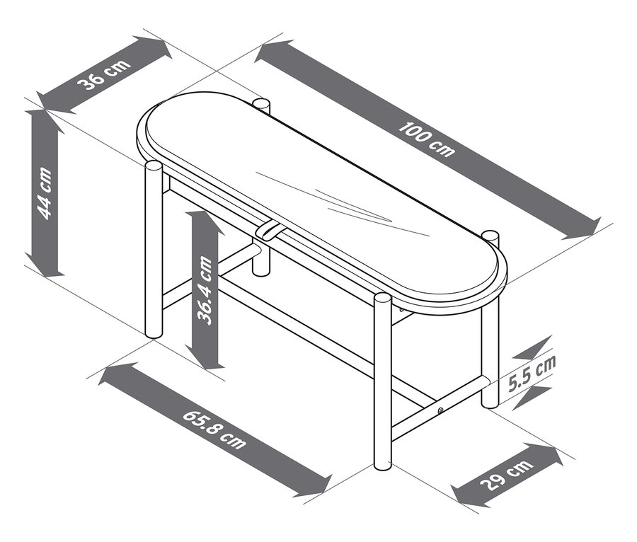 Les dimensions de la table ovale sur quatre pieds sont de 100 x 65,8 x 44 cm.