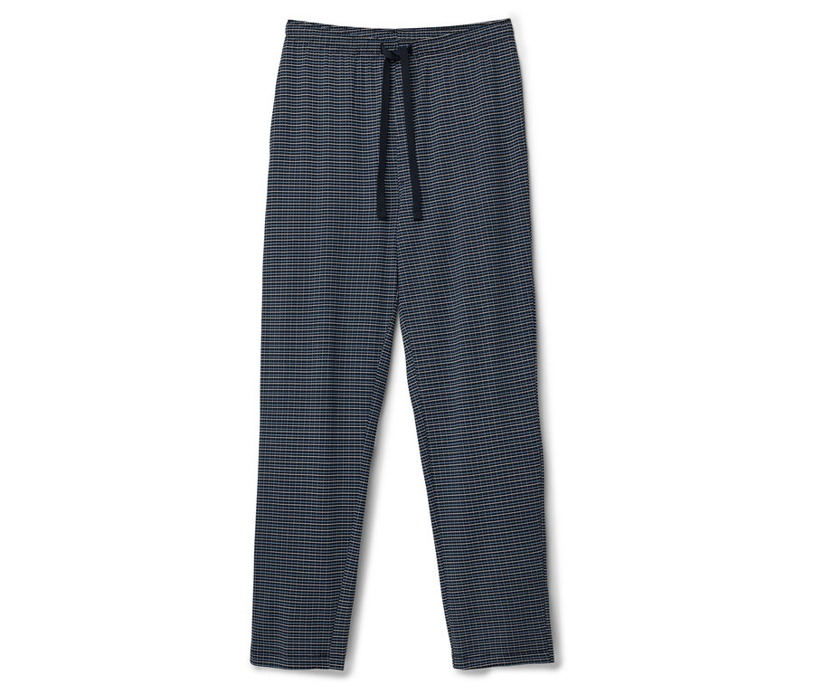 Un pantalon de pyjama long bleu à carreaux avec cordon de serrage à la taille.