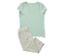 Un ensemble de pyjama 3/4 vert clair avec un haut à col en V et un pantalon à motifs.