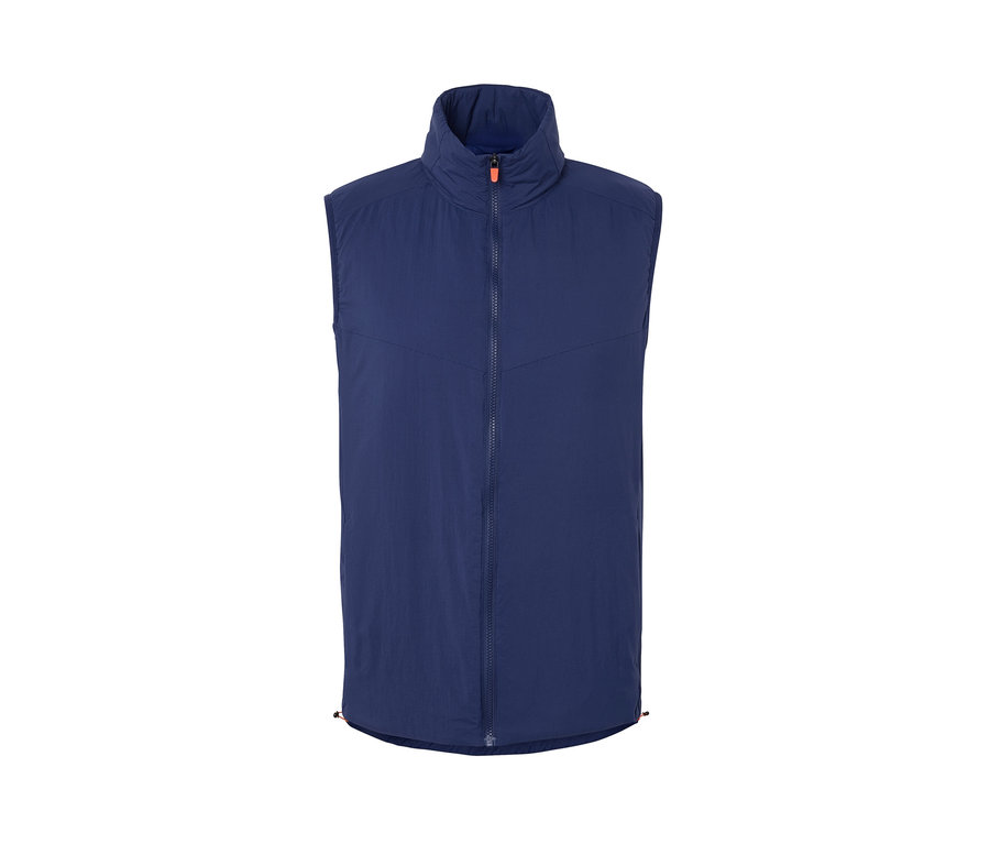 Veste fonctionnelle « packable » bleue avec fermeture éclair orange.
