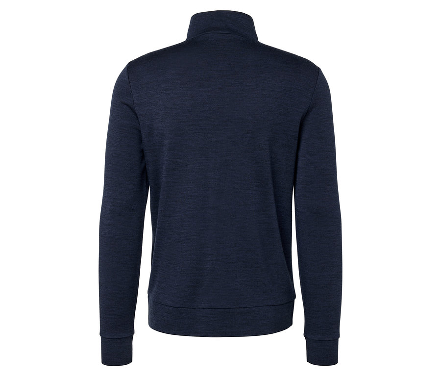 Vue arrière d'un pull zippé bleu marine.