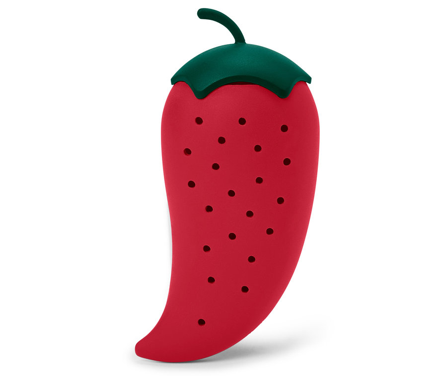 Récipient rouge en forme de poivre avec couvercle vert et trous.