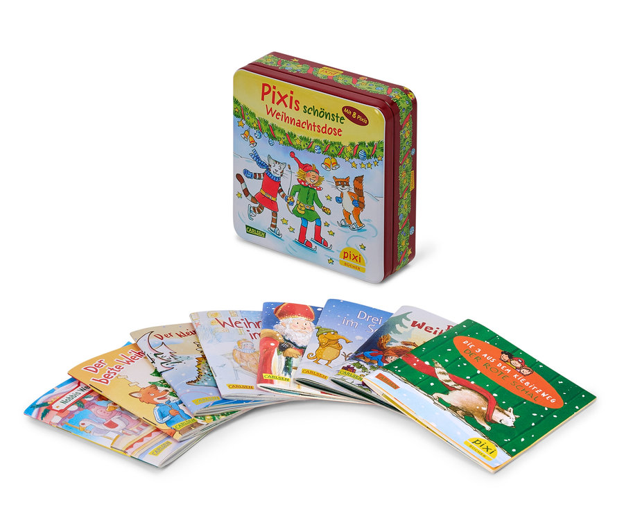 Une boîte en fer blanc avec des motifs de Noël et un ensemble de livres pour enfants Pixi.