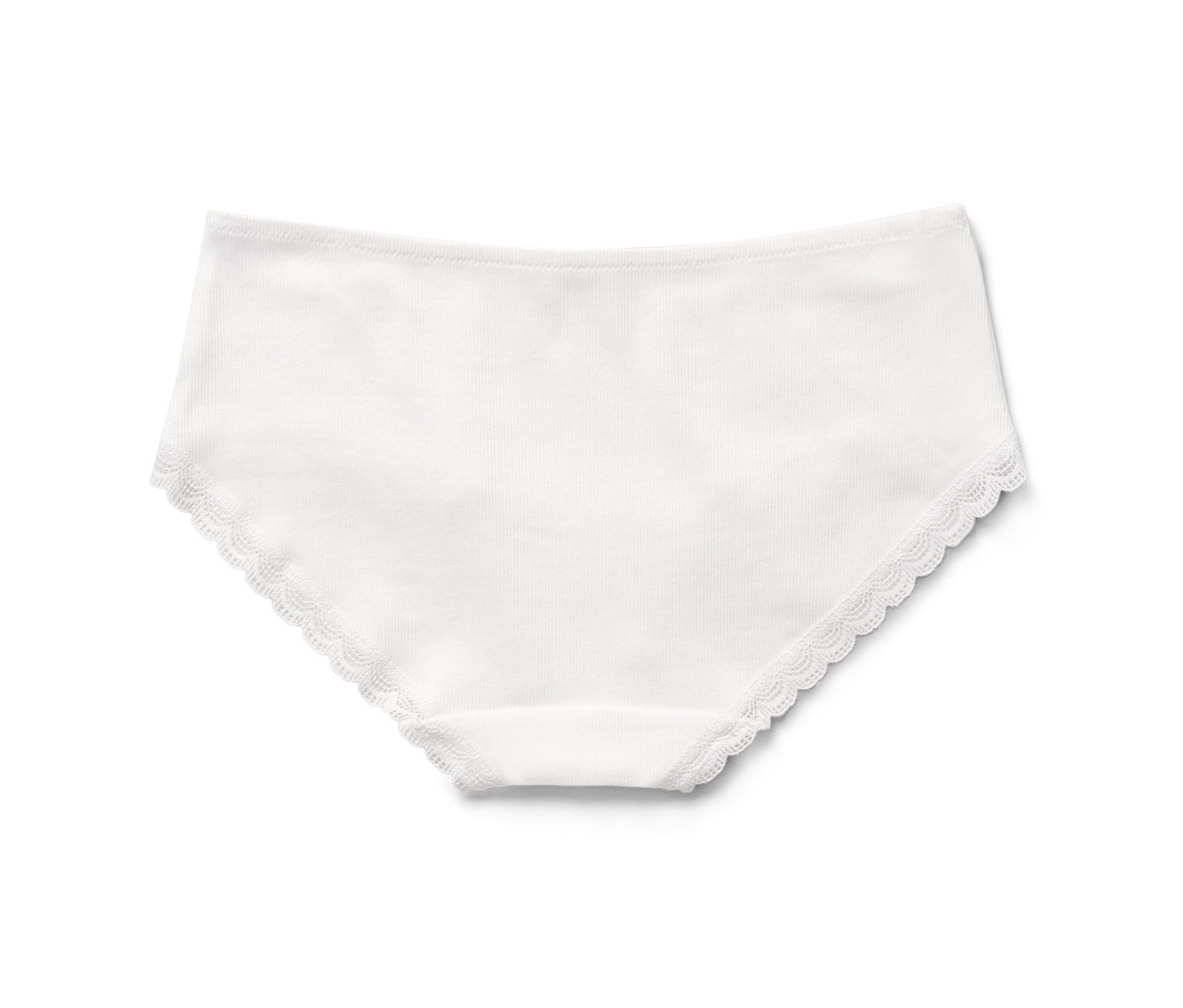 2 culottes blanches en matière côtelée avec bordure en dentelle.