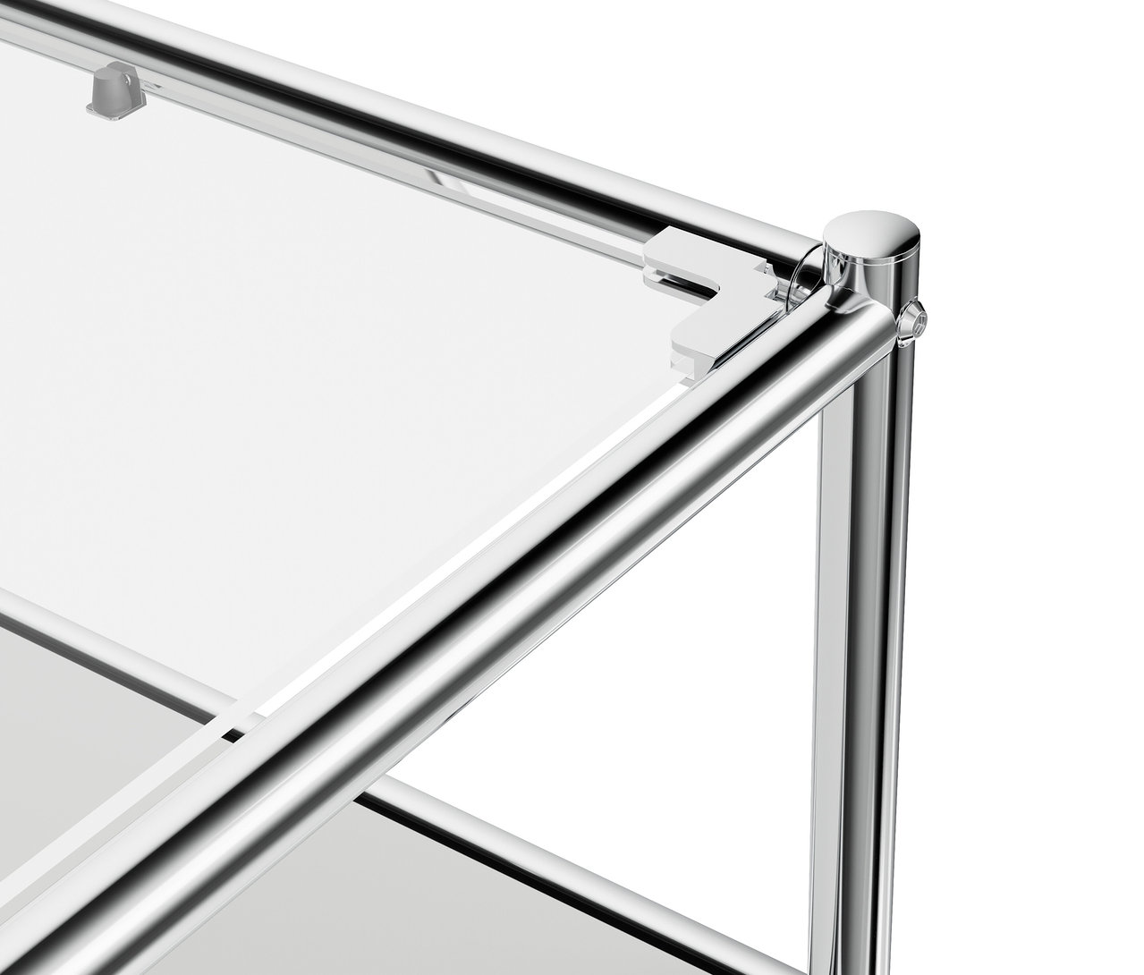 Détail du meuble bas en métal blanc « CN3 » avec abattant et plateau de verre.