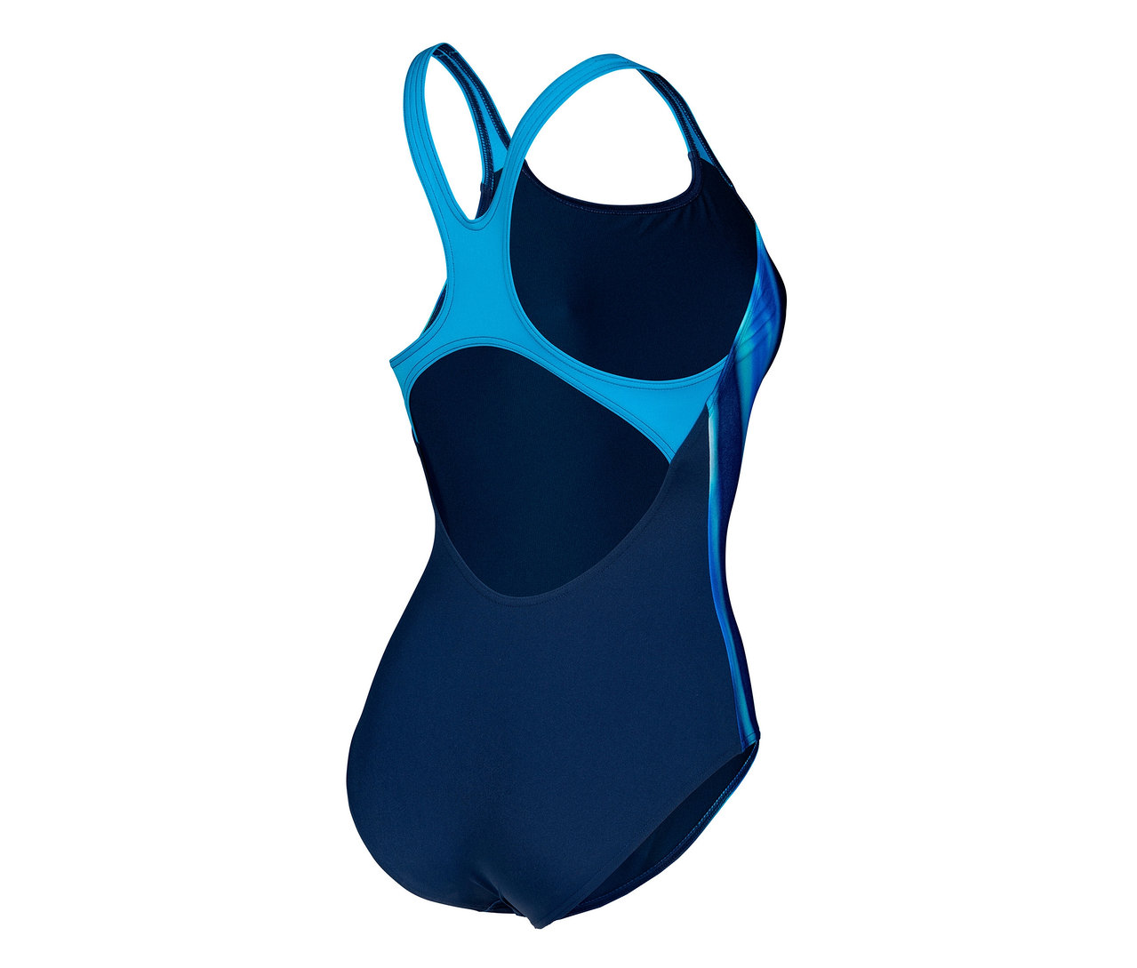 Vue arrière du maillot de bain pour femme deux pièces Performance Swim Pro Back arena, avec des bretelles bleues et le reste du maillot de bain en bleu marine.