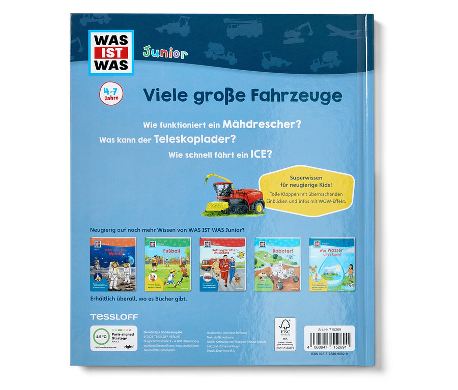 Un livre WAS IST WAS Junior montrant des images de véhicules et des questions sur les machines agricoles.