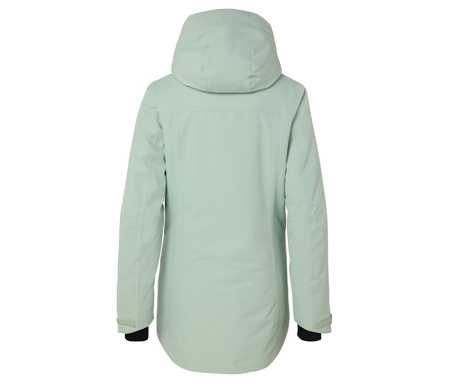 Vue arrière d'une veste vert clair à capuche.