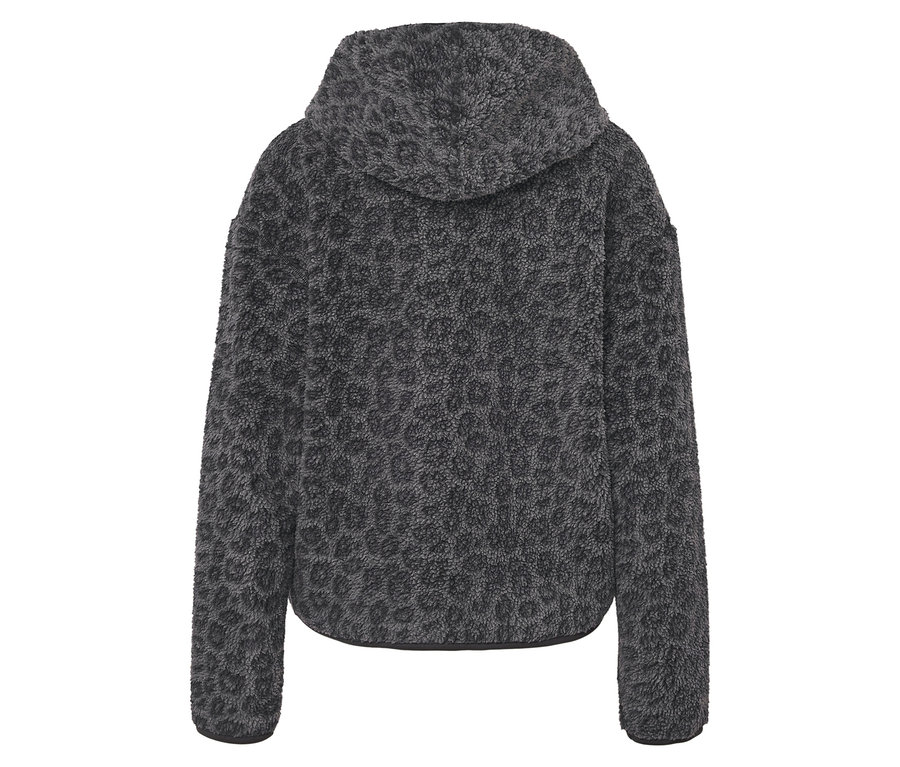 Vue arrière d'un sweat à capuche gris et hirsute avec un motif animal.