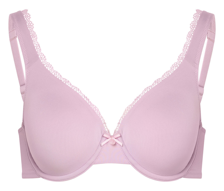 Gros plan d'un soutien-gorge violet avec de la dentelle et un petit nœud au milieu.