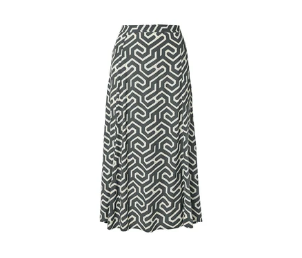 Jupe midi imprimée avec un motif géométrique gris et blanc.