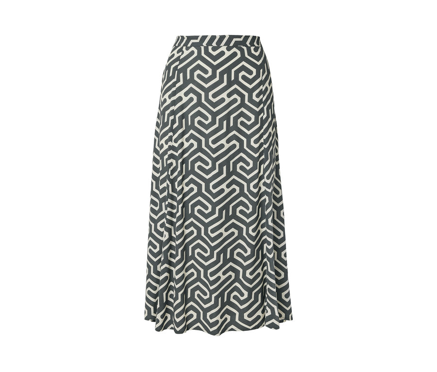 Jupe midi imprimée avec un motif géométrique gris et blanc.