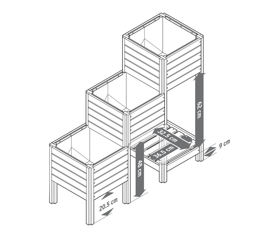 Illustration d'une jardinière en escalier «
Tinus
» avec étagère et dimensions.