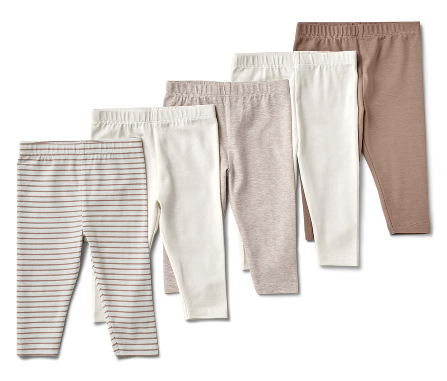 Cinq leggings pour enfants de différentes couleurs et motifs.