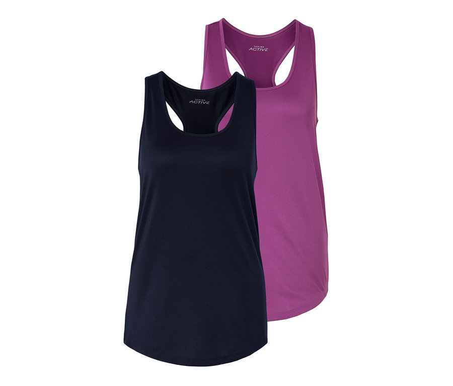 Deux tops fonctionnels, un violet et un bleu.