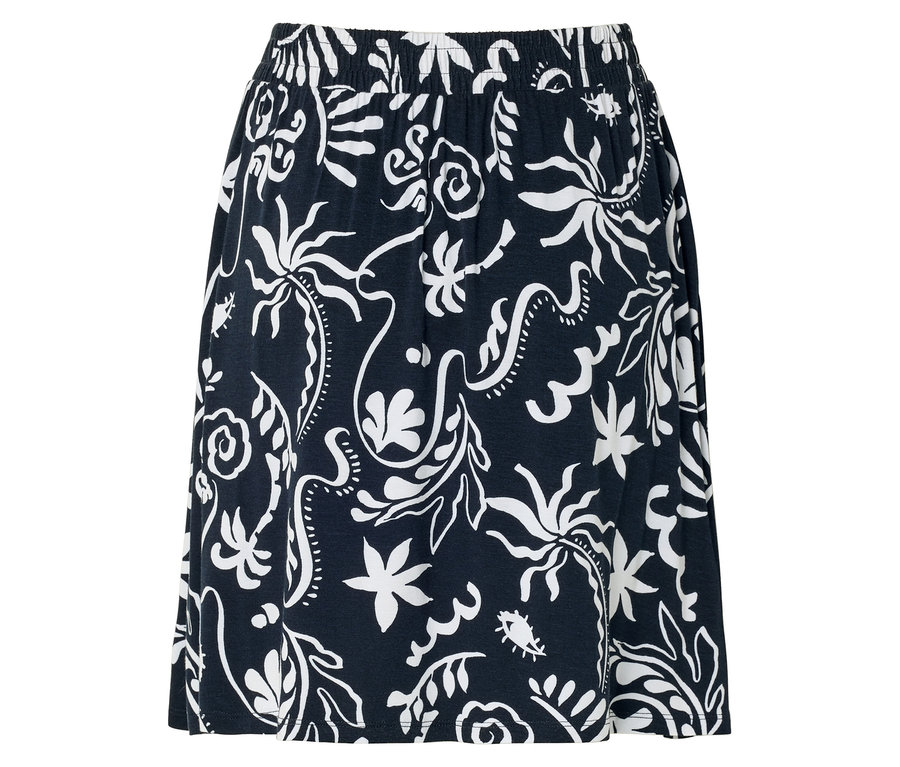 Jupe bleu foncé avec motif floral blanc.