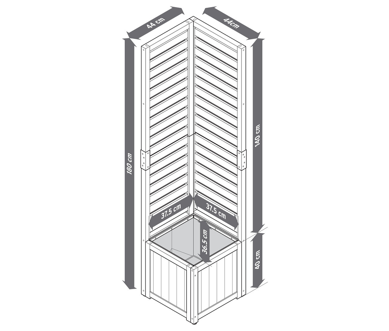 Schéma d'un module de protection visuelle 2 en 1 avec jardinière, avec les dimensions.