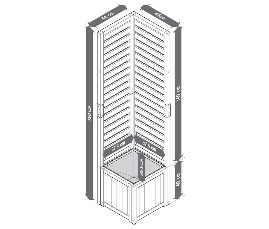 Schéma d'un module de protection visuelle 2 en 1 avec jardinière, avec les dimensions.