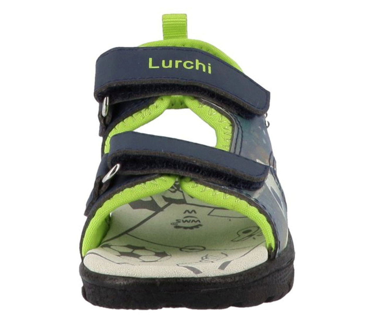 Une sandale pour garçon « Keeper » de LURCHI, bleu marine et vert citron, avec trois scratchs et une semelle intérieure à motifs.