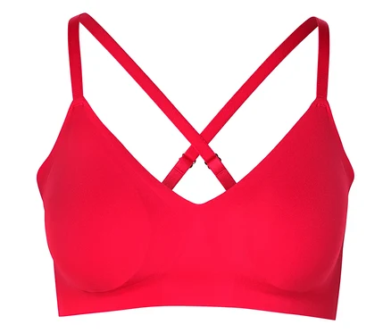 Soutien-gorge rouge avec décolleté en V et bretelles croisées dans le dos.