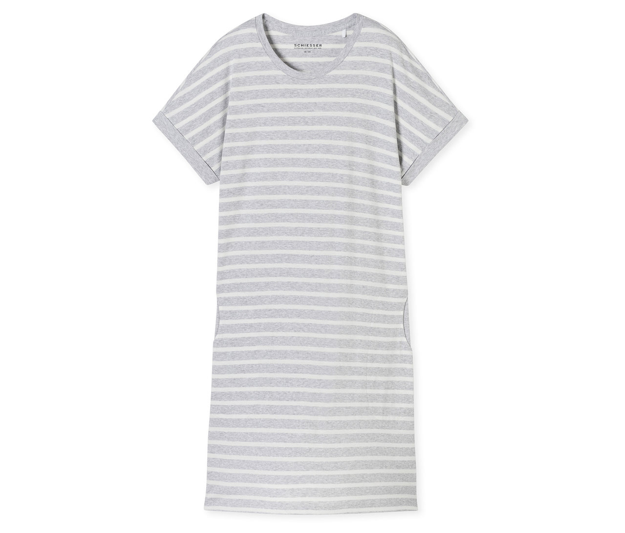 Le sleepshirt à manches courtes SCHIESSER est rayé gris et blanc et repose sur un fond blanc.