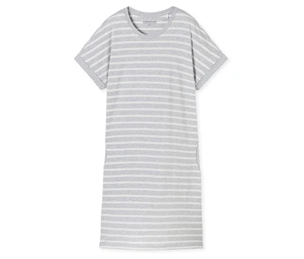 Le sleepshirt à manches courtes SCHIESSER est rayé gris et blanc et repose sur un fond blanc.