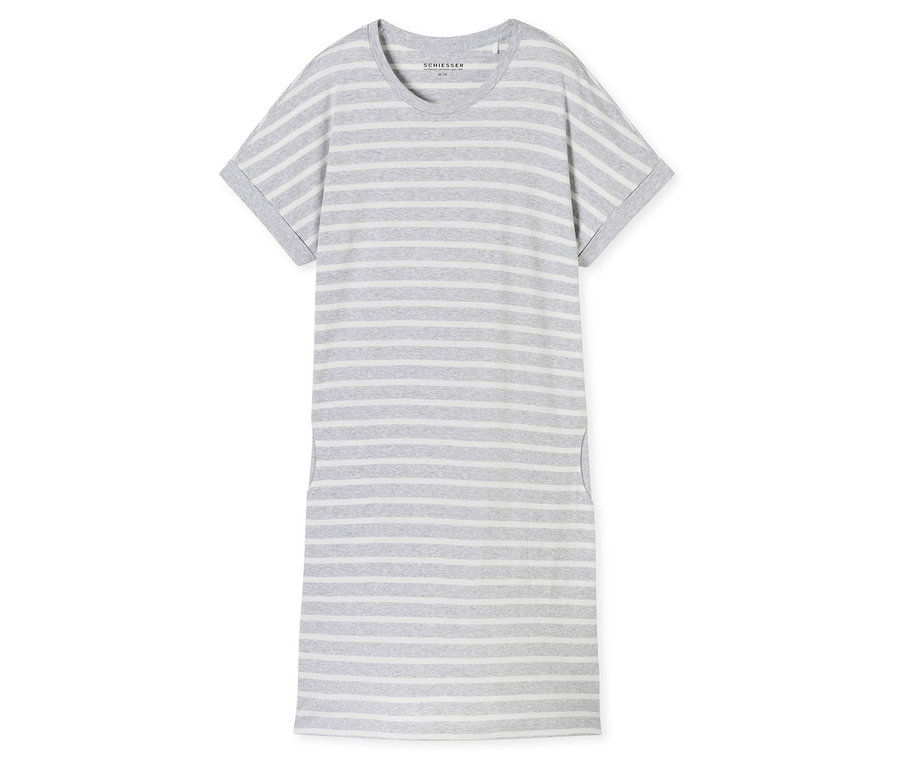 Le sleepshirt à manches courtes SCHIESSER est rayé gris et blanc et repose sur un fond blanc.