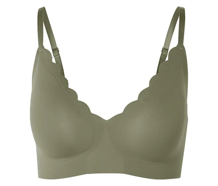 Soutien-gorge confort bonded kaki avec bords festonnés et bretelles réglables.
