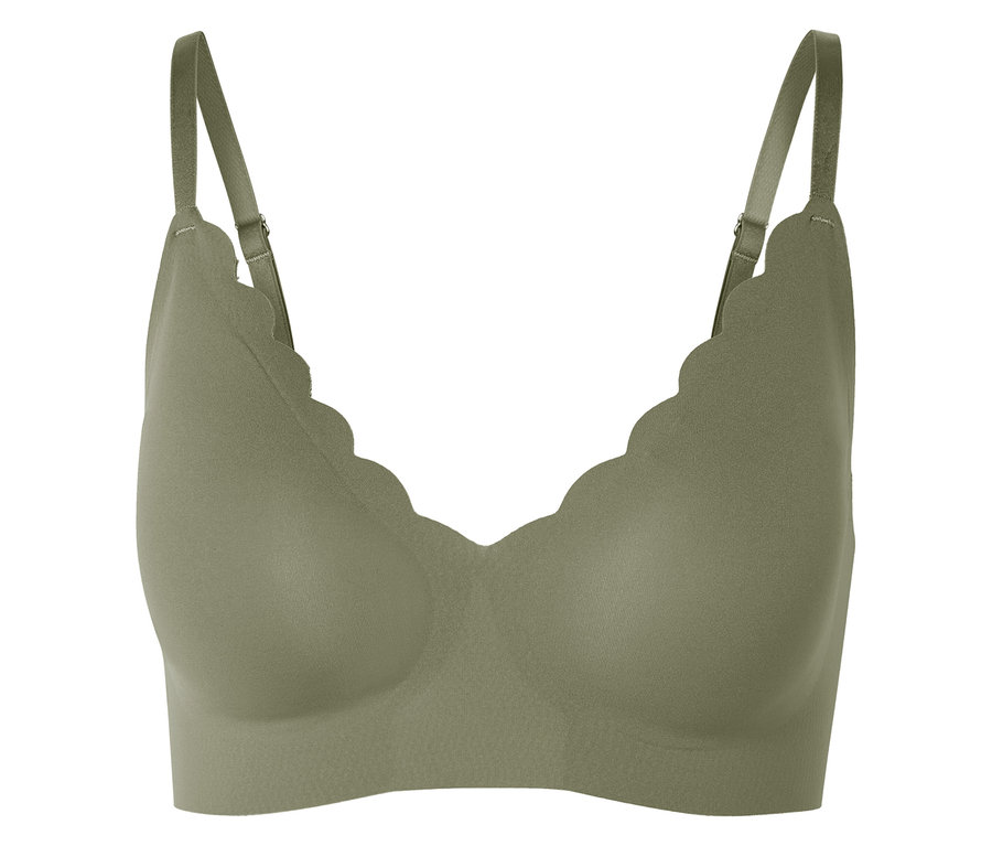 Soutien-gorge confort bonded kaki avec bords festonnés et bretelles réglables.