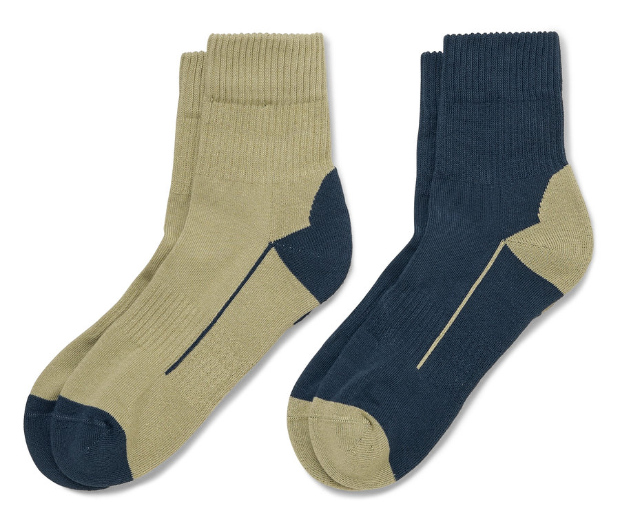 Deux paires de chaussettes sont posées sur un fond blanc, une paire est kaki avec des accents bleu marine, l'autre bleu marine avec des accents kaki.