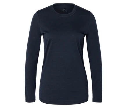 T-shirt à manches longues bleu marine avec un col rond et une petite étiquette blanche "ACTIVE" près du col.