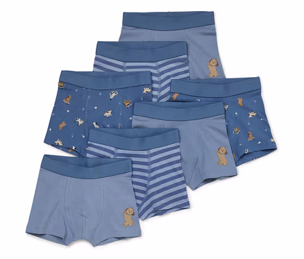 Six boxers pour enfants de différentes nuances de bleu sont disposés en éventail sur un fond blanc. Trois boxers sont bleu clair à rayures horizontales, deux sont bleu clair unis avec une illustration de chien marron sur le devant, et un est bleu foncé avec un motif de petits chiens marron et d'empreintes de pattes. Tous ont une ceinture bleu foncé.