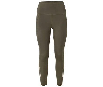 Leggings olive taille haute avec bandes réfléchissantes en bas des jambes.