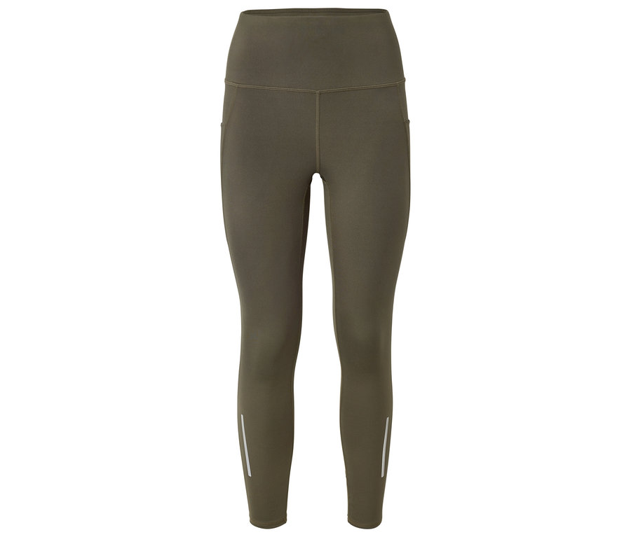 Leggings olive taille haute avec bandes réfléchissantes en bas des jambes.