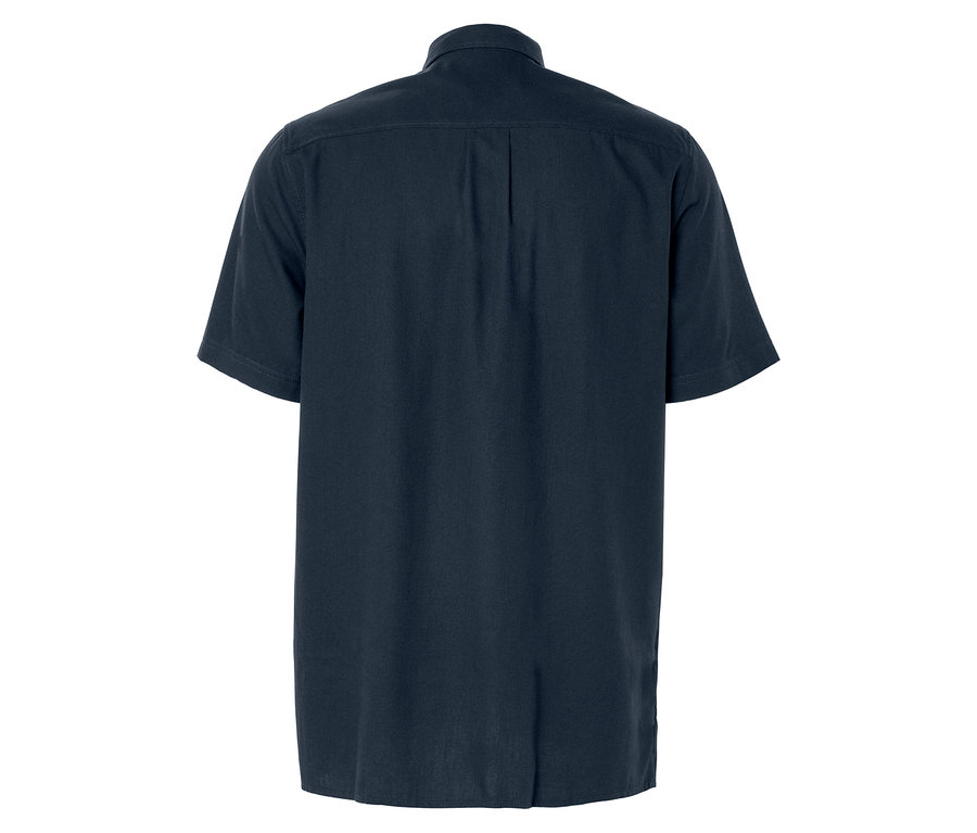 Vue arrière d'une chemise bleu marine à manches courtes avec un col.