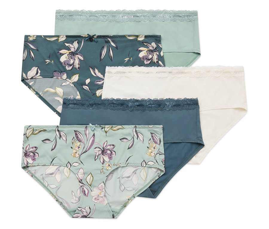 Cinq culottes pour femmes sont superposées, avec des motifs floraux et des détails en dentelle dans des tons de vert, bleu et crème.