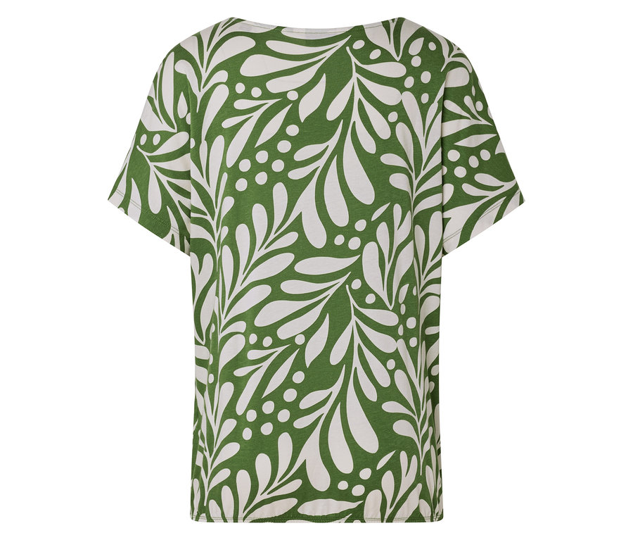Vue arrière d'un t-shirt vert avec un motif de feuilles et de points blancs.