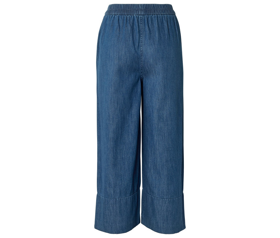 Vue arrière d'un pantalon en jean avec jambe large et taille élastique.