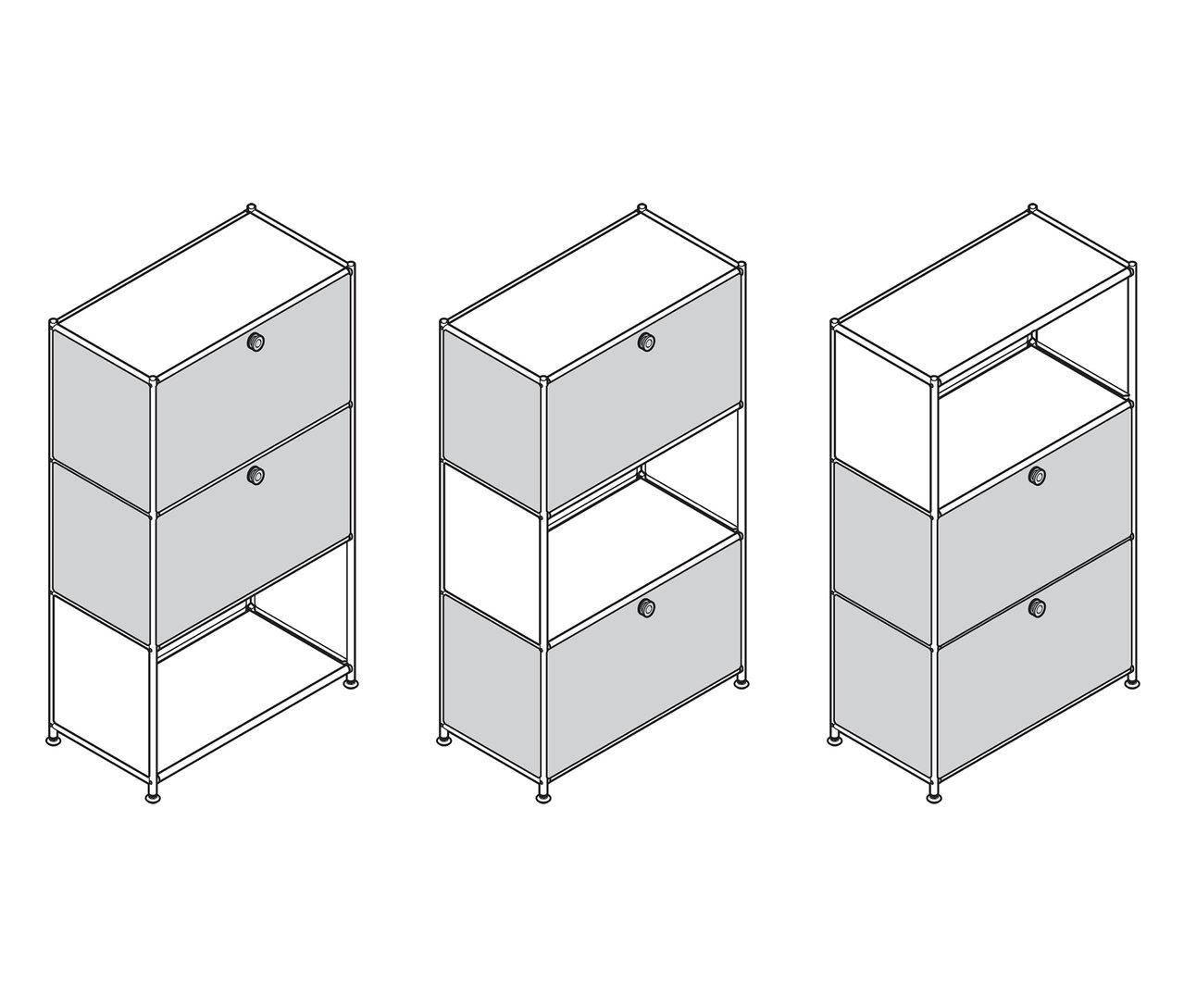 Trois étagères modulaires grises avec tiroirs et étagères ouvertes en vue isométrique.